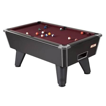 Black commercial Winner pool table with burgundy cloth