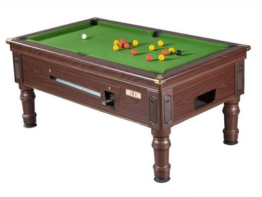 Traditional brown commercial pool table with green cloth